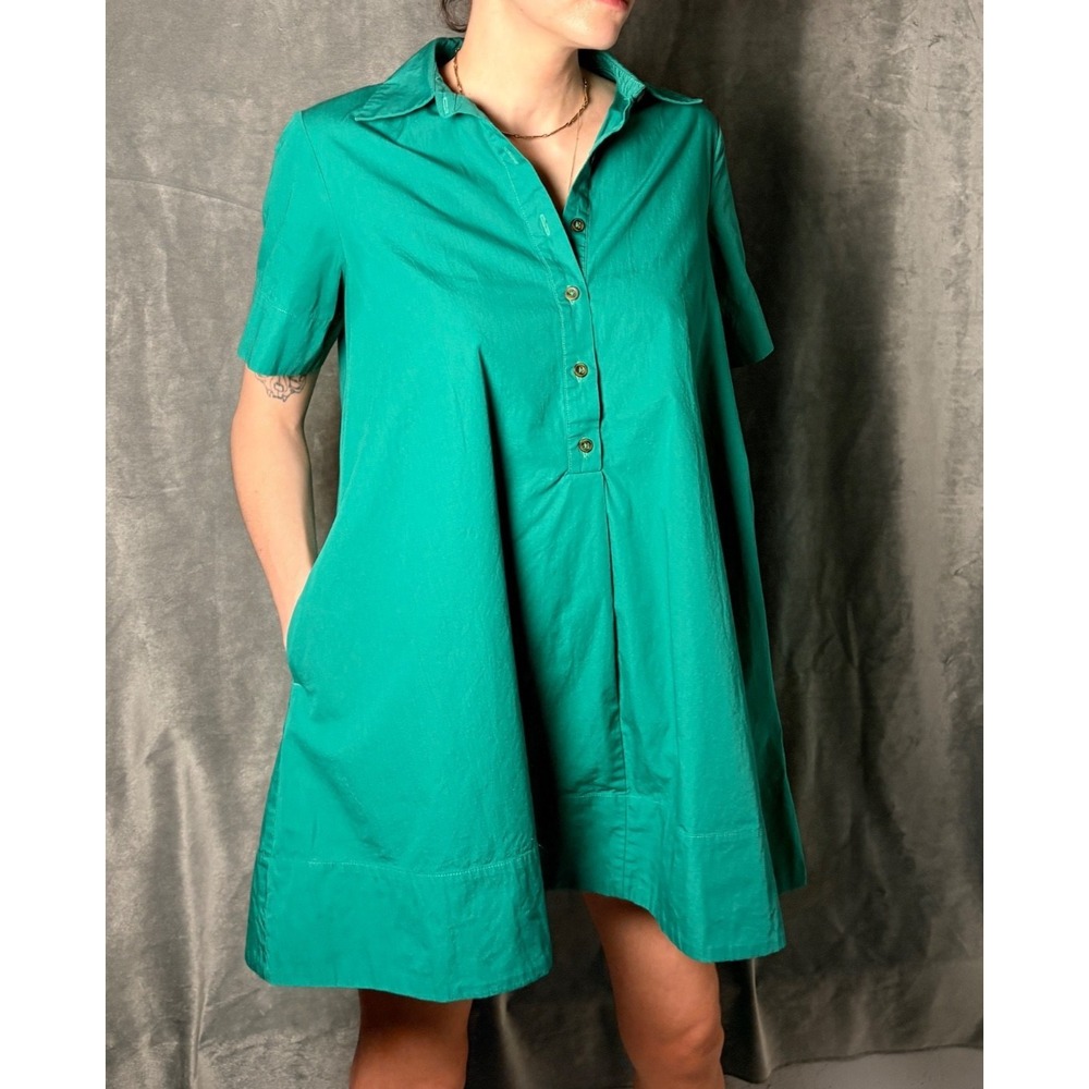 by Anthropologie Pollie Swing Dress Kelly Green Button Up Pockets Preppy XS